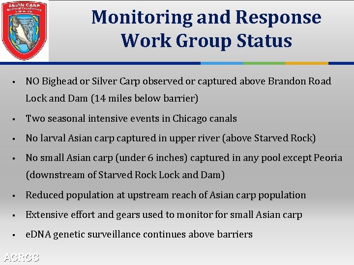 Monitoring and Response Work Group Status § NO Bighead or Silver Carp observed or