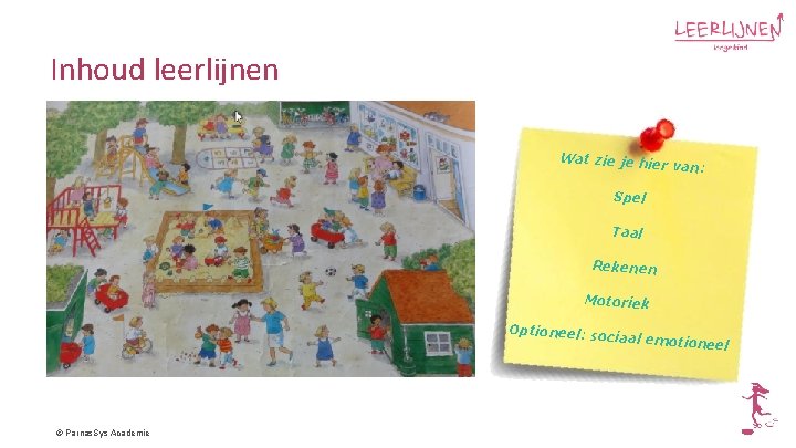 Inhoud leerlijnen Wat zie je h ier van: Spel Taal Rekenen Motoriek Optioneel: s