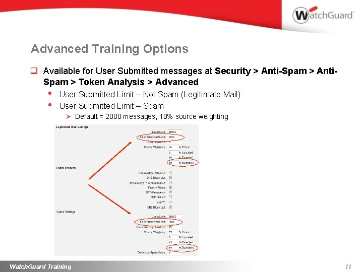 Advanced Training Options q Available for User Submitted messages at Security > Anti-Spam >