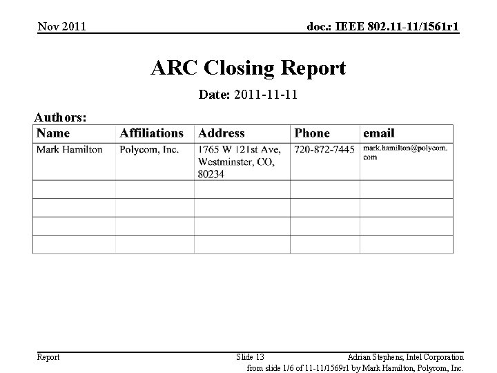 Nov 2011 doc. : IEEE 802. 11 -11/1561 r 1 ARC Closing Report Date: