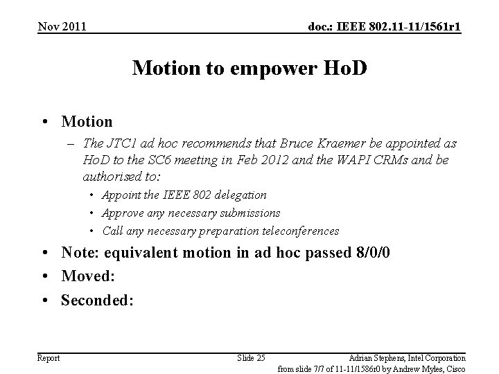 Nov 2011 doc. : IEEE 802. 11 -11/1561 r 1 Motion to empower Ho.