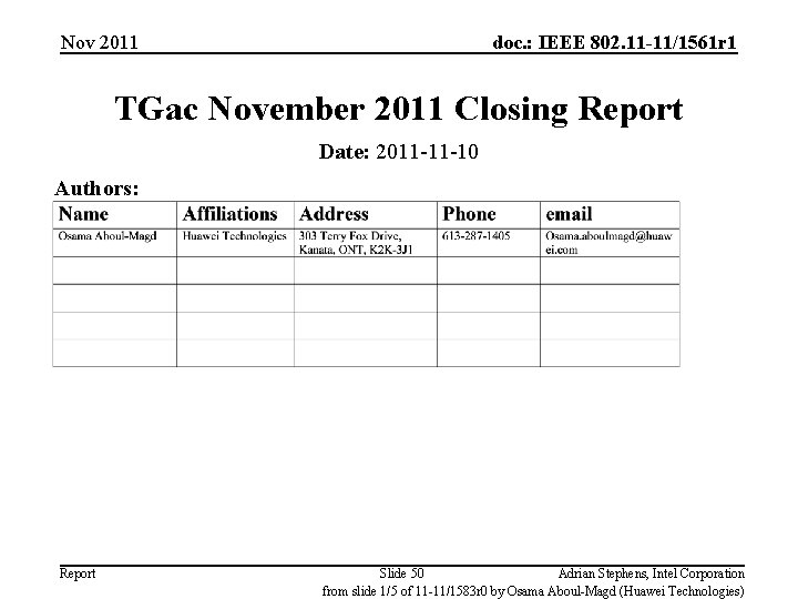 Nov 2011 doc. : IEEE 802. 11 -11/1561 r 1 TGac November 2011 Closing