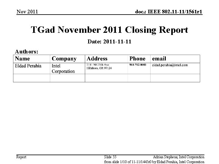 Nov 2011 doc. : IEEE 802. 11 -11/1561 r 1 TGad November 2011 Closing