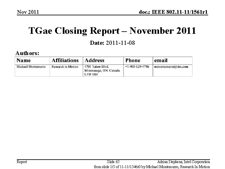 Nov 2011 doc. : IEEE 802. 11 -11/1561 r 1 TGae Closing Report –