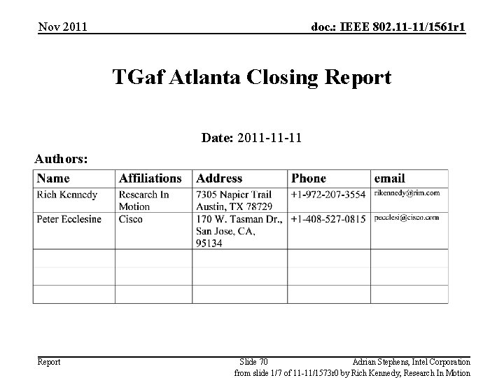 Nov 2011 doc. : IEEE 802. 11 -11/1561 r 1 TGaf Atlanta Closing Report