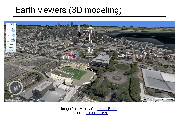 Earth viewers (3 D modeling) Image from Microsoft’s Virtual Earth (see also: Google Earth)