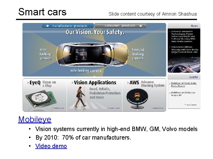 Smart cars Slide content courtesy of Amnon Shashua Mobileye • Vision systems currently in