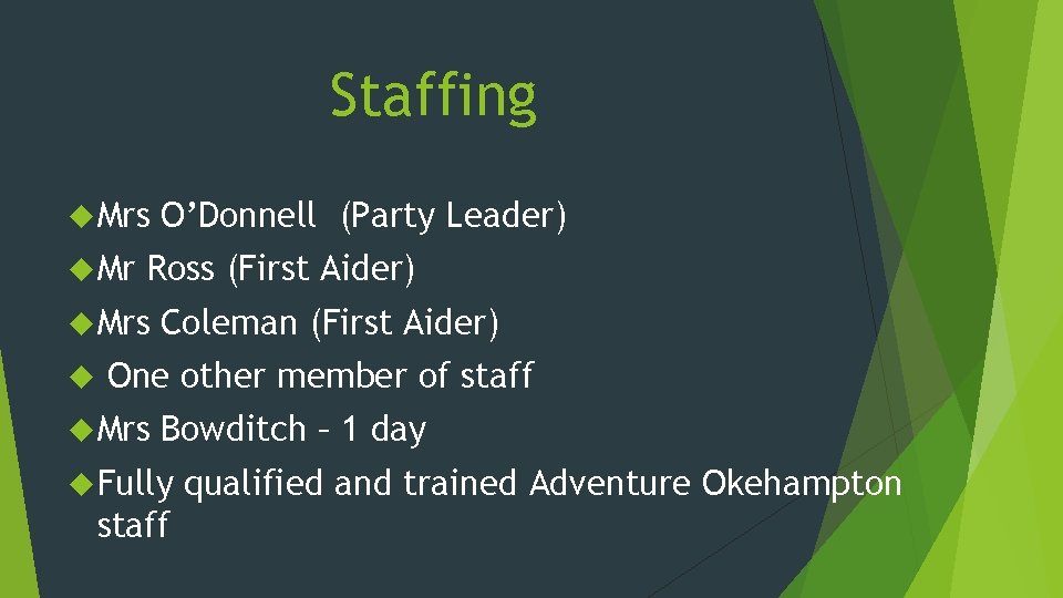 Staffing Mrs Mr Ross (First Aider) Mrs O’Donnell (Party Leader) Coleman (First Aider) One