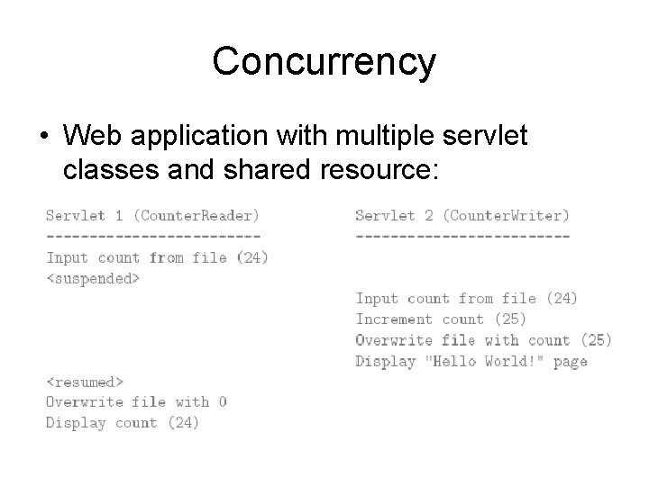 Concurrency • Web application with multiple servlet classes and shared resource: 