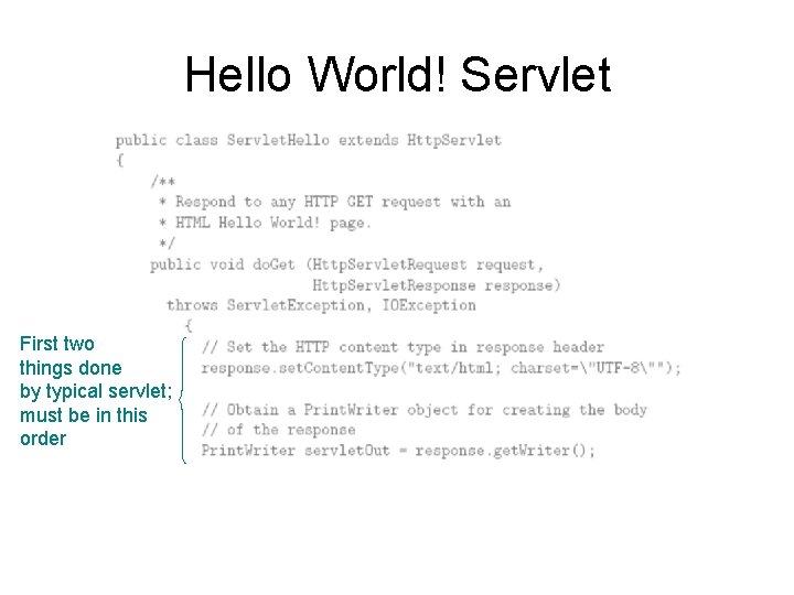 Hello World! Servlet First two things done by typical servlet; must be in this