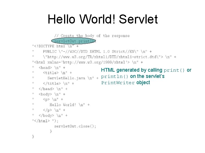 Hello World! Servlet HTML generated by calling print() or println() on the servlet’s Print.