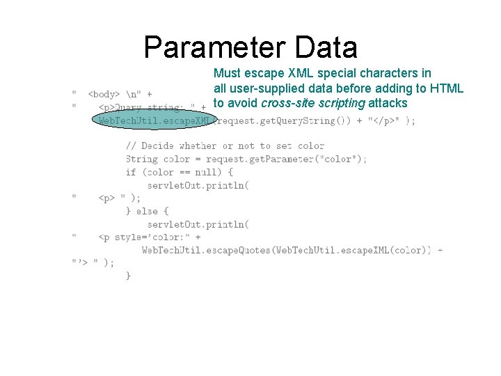 Parameter Data Must escape XML special characters in all user-supplied data before adding to