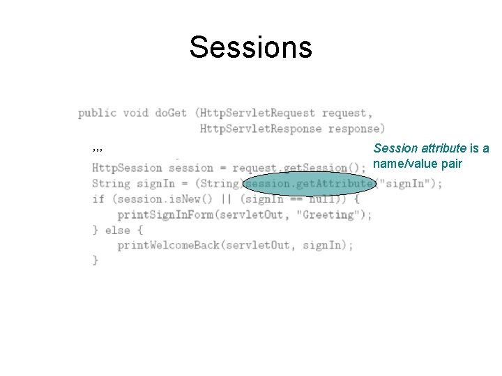Sessions , , , Session attribute is a name/value pair 