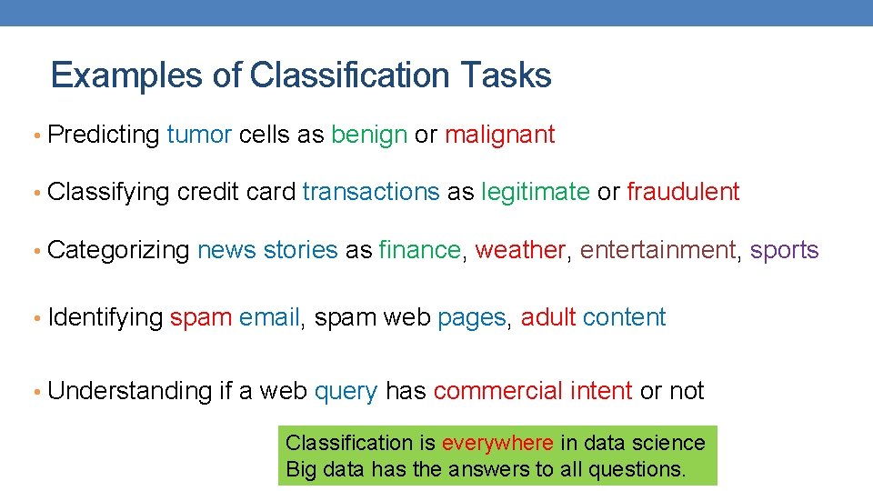 Examples of Classification Tasks • Predicting tumor cells as benign or malignant • Classifying Examples of Classification Tasks • Predicting tumor cells as benign or malignant • Classifying