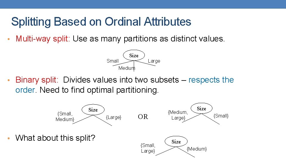 Splitting Based on Ordinal Attributes • Multi-way split: Use as many partitions as distinct Splitting Based on Ordinal Attributes • Multi-way split: Use as many partitions as distinct