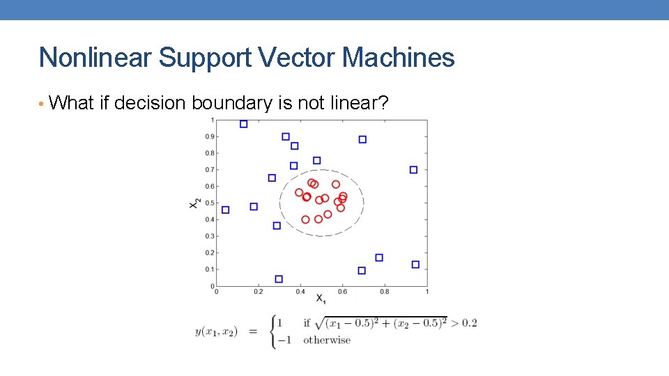Nonlinear Support Vector Machines • What if decision boundary is not linear? Nonlinear Support Vector Machines • What if decision boundary is not linear?