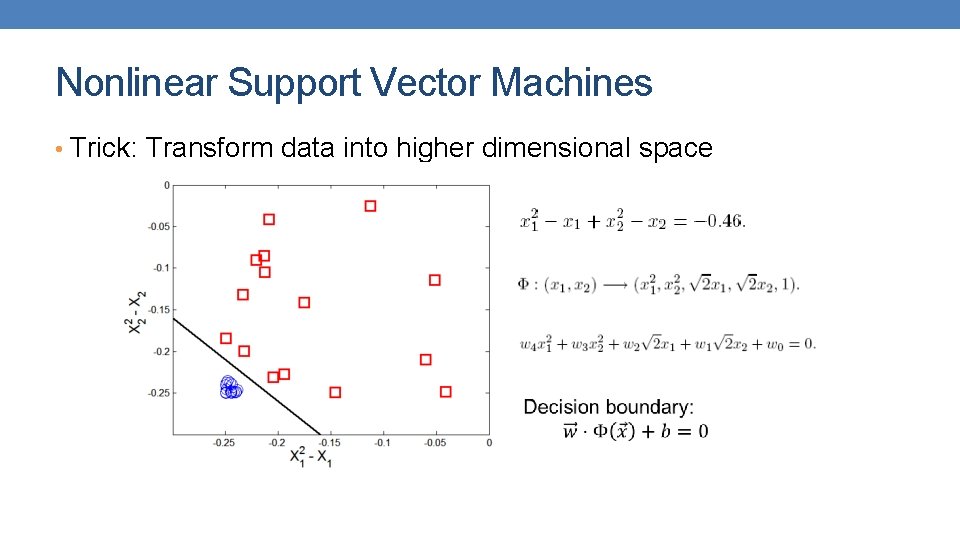 Nonlinear Support Vector Machines • Trick: Transform data into higher dimensional space Nonlinear Support Vector Machines • Trick: Transform data into higher dimensional space