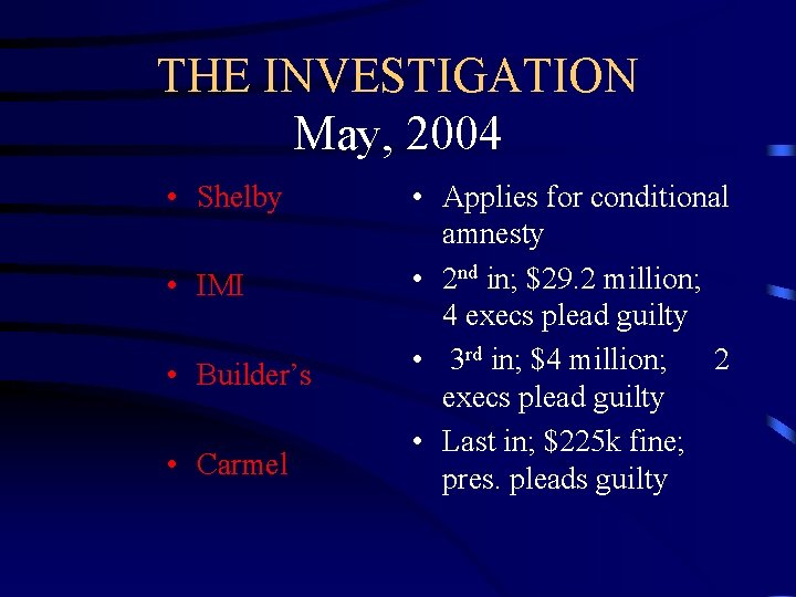 THE INVESTIGATION May, 2004 • Shelby • IMI • Builder’s • Carmel • Applies