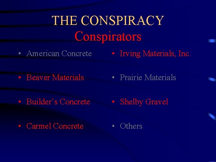 THE CONSPIRACY Conspirators • American Concrete • Irving Materials, Inc. • Beaver Materials •