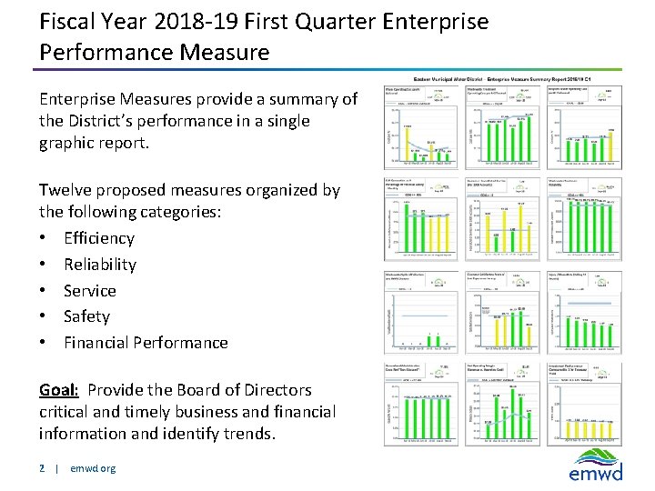 Fiscal Year 2018 -19 First Quarter Enterprise Performance Measure Enterprise Measures provide a summary