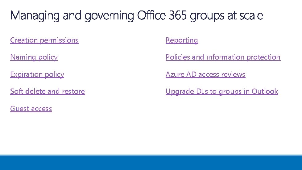 Creation permissions Reporting Naming policy Policies and information protection Expiration policy Azure AD access