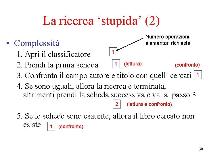 La ricerca ‘stupida’ (2) Numero operazioni elementari richieste • Complessità 1 1. Apri il