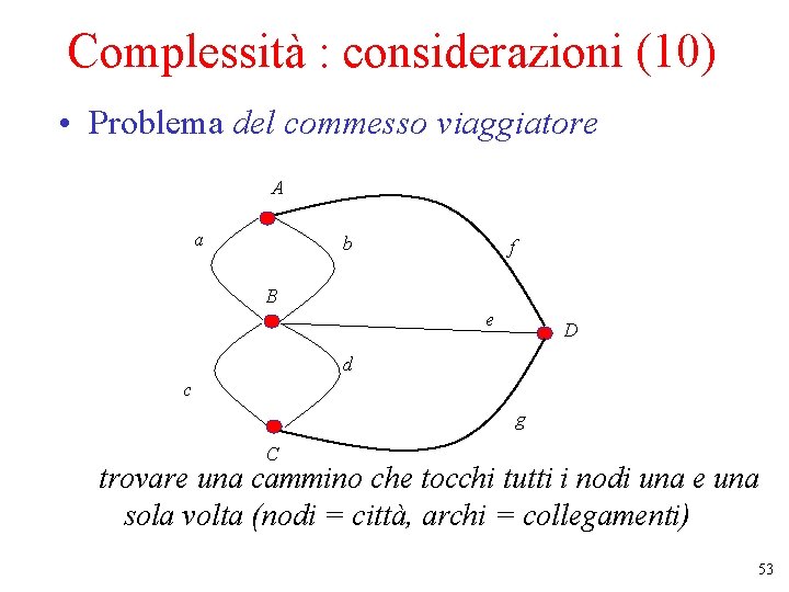 Complessità : considerazioni (10) • Problema del commesso viaggiatore A a b f B