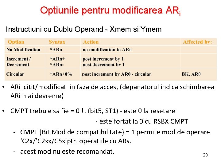 Optiunile pentru modificarea ARi Instructiuni cu Dublu Operand - Xmem si Ymem • ARi