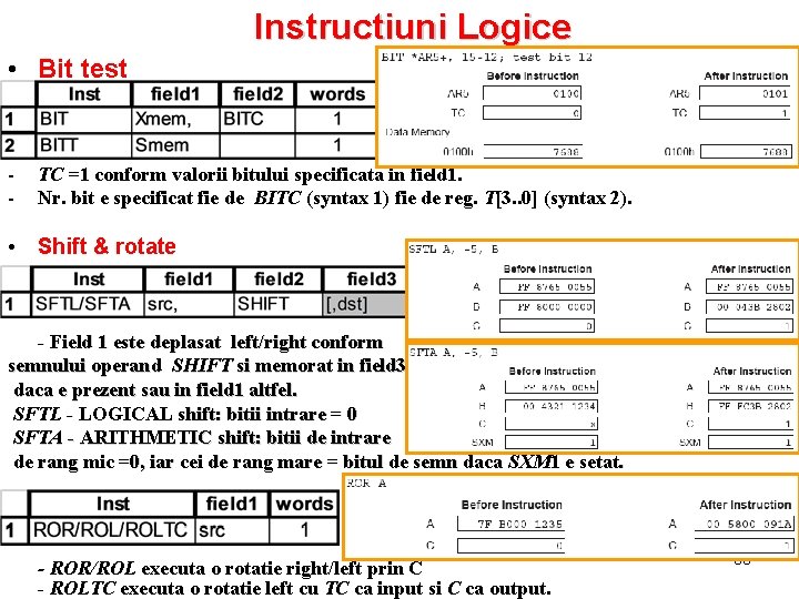 Instructiuni Logice • Bit test - TC =1 conform valorii bitului specificata in field