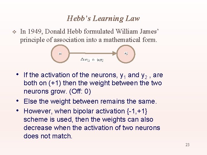 Hebb’s Learning Law v • • • In 1949, Donald Hebb formulated William James’