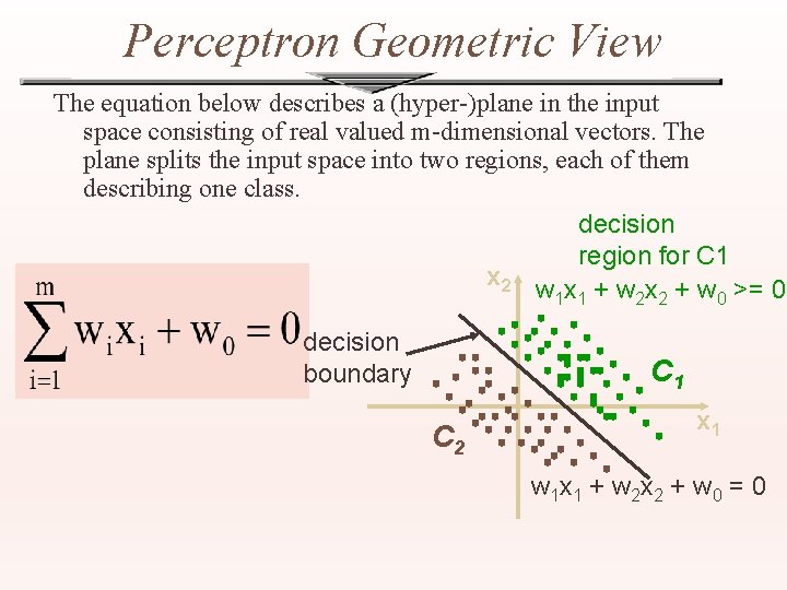 Perceptron Geometric View The equation below describes a (hyper-)plane in the input space consisting