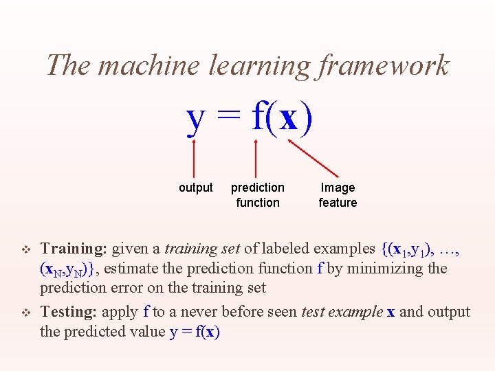 The machine learning framework y = f(x) output v v prediction function Image feature