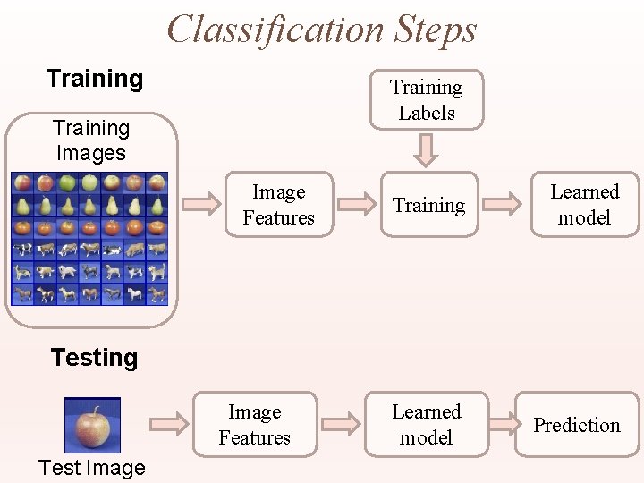 Classification Steps Training Labels Training Images Image Features Training Learned model Prediction Testing Image