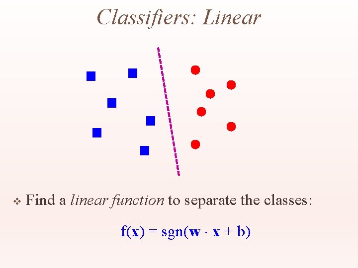 Classifiers: Linear v Find a linear function to separate the classes: f(x) = sgn(w