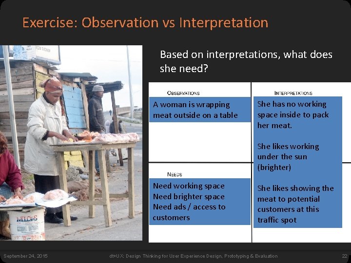 Exercise: Observation vs Interpretation Based on interpretations, what does she need? A woman is