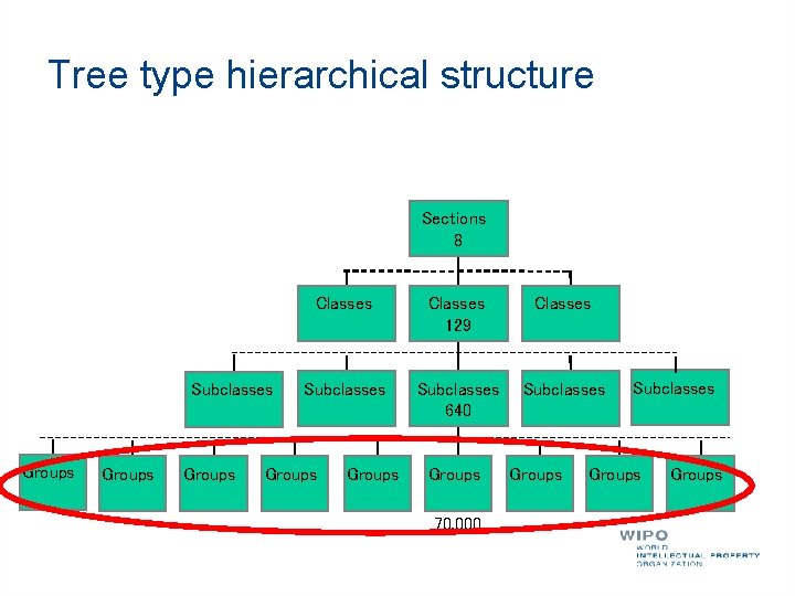 Tree type hierarchical structure Sections 8 Subclasses Groups Classes 129 Classes Subclasses 640 Subclasses