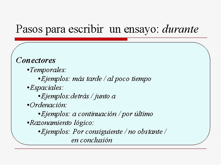 Pasos para escribir un ensayo: durante Conectores • Temporales: • Ejemplos: más tarde /