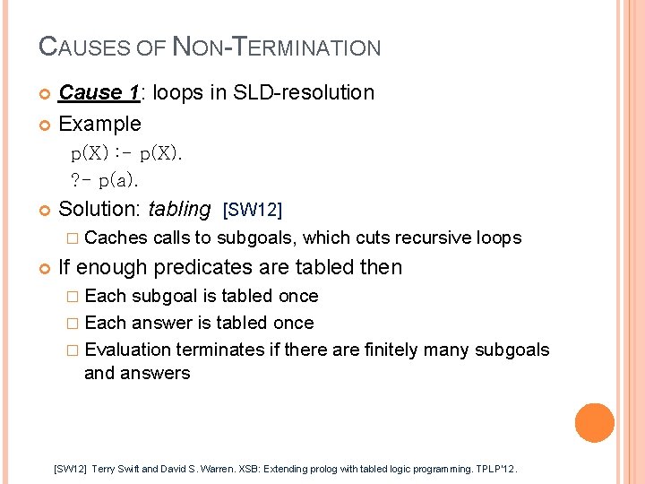 CAUSES OF NON-TERMINATION Cause 1: loops in SLD-resolution Example p(X) : - p(X). ? CAUSES OF NON-TERMINATION Cause 1: loops in SLD-resolution Example p(X) : - p(X). ?