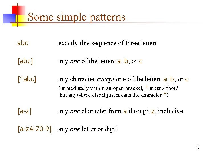 Some simple patterns abc exactly this sequence of three letters [abc] any one of