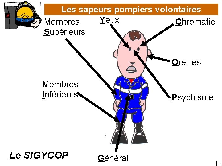 Les sapeurs pompiers volontaires Yeux Membres Chromatie Supérieurs Oreilles Membres Inférieurs Le SIGYCOP Psychisme