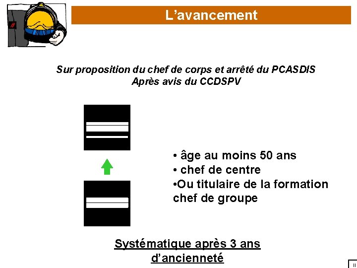 L’avancement Sur proposition du chef de corps et arrêté du PCASDIS Après avis du