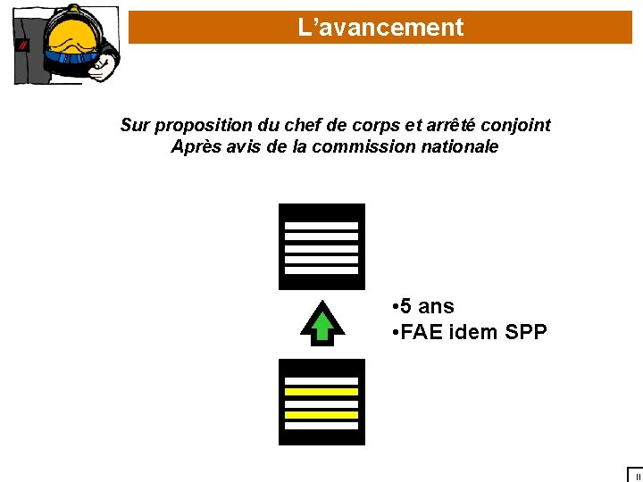 L’avancement Sur proposition du chef de corps et arrêté conjoint Après avis de la