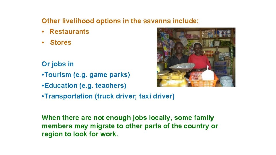 Other livelihood options in the savanna include: • Restaurants • Stores Or jobs in Other livelihood options in the savanna include: • Restaurants • Stores Or jobs in