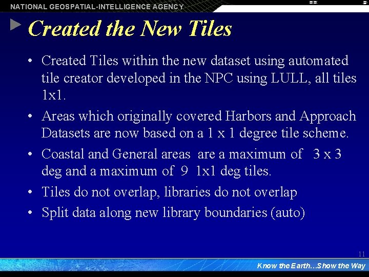 NATIONAL GEOSPATIAL-INTELLIGENCE AGENCY Created the New Tiles • Created Tiles within the new dataset