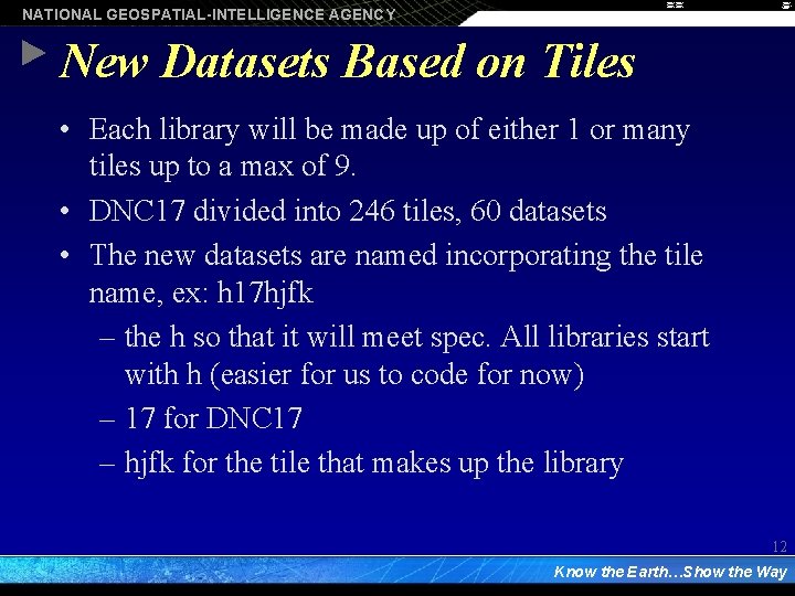 NATIONAL GEOSPATIAL-INTELLIGENCE AGENCY New Datasets Based on Tiles • Each library will be made