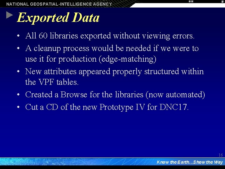 NATIONAL GEOSPATIAL-INTELLIGENCE AGENCY Exported Data • All 60 libraries exported without viewing errors. •