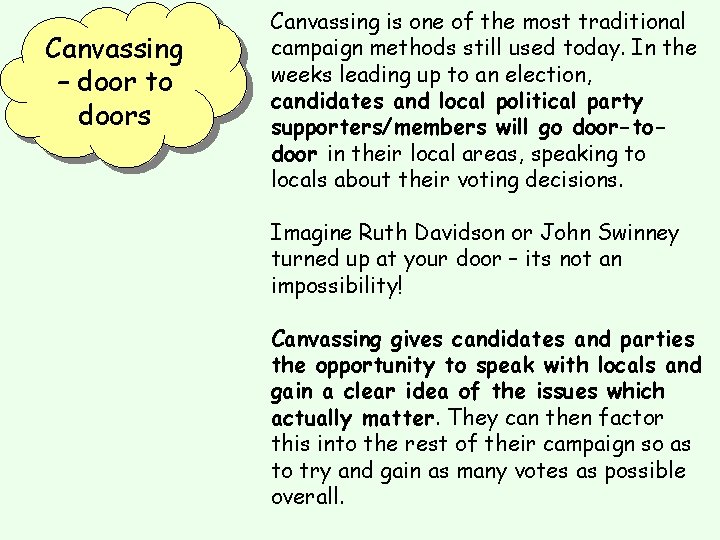 Canvassing – door to doors Canvassing is one of the most traditional campaign methods