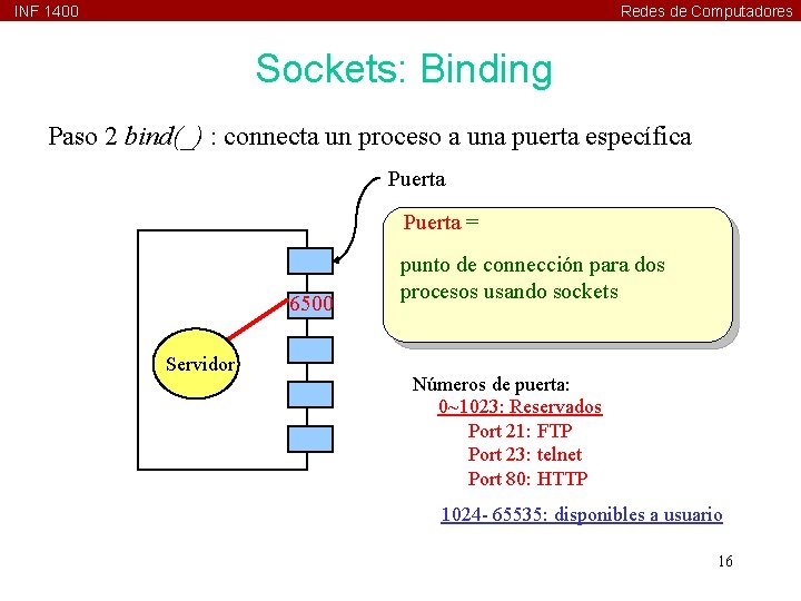 INF 1400 Redes de Computadores Sockets: Binding Paso 2 bind(_) : connecta un proceso