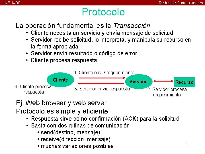 INF 1400 Redes de Computadores Protocolo La operación fundamental es la Transacción • Cliente