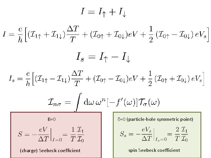 B=0 d=0 (particle-hole symmetric point) (charge) Seebeck coefficient spin Seebeck coefficient 